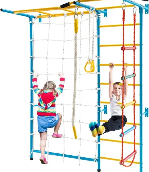Ścianka wspinaczkowa dla dzieci 7 w 1 z siatką, metalowa ścianka gimnastyczna, przyrząd gimnastyczny 197,5 x 83,5 x 223 cm, rusztowanie wspinaczkowe