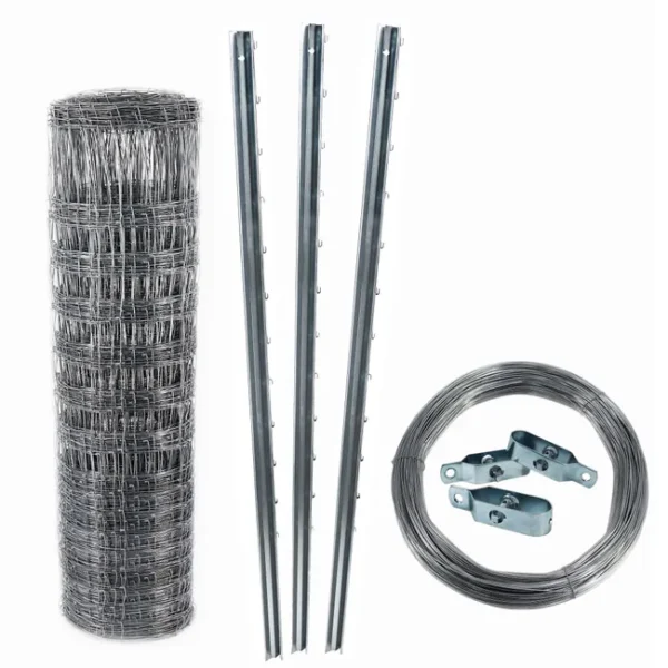Ogrodzenie ochronne 50 m, ogrodzenie leśne, siatka druciana wiązana, solidna konstrukcja 180/24/15 + słupki + drut napinający